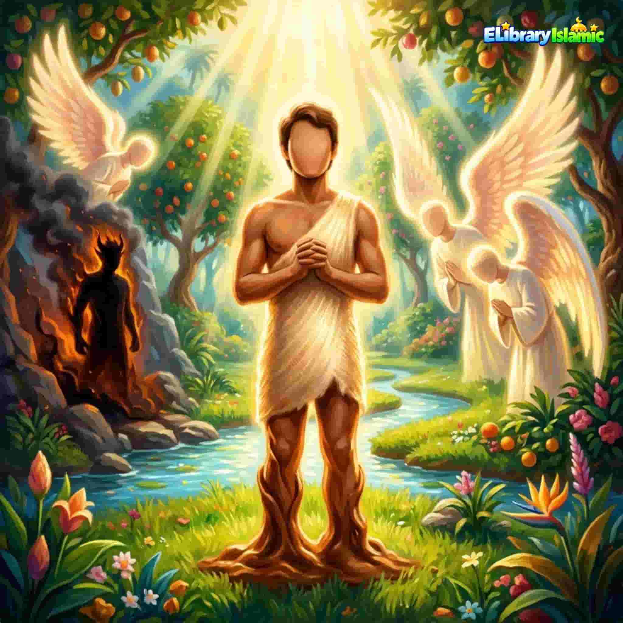 Ilustrasi digital painting klasik tentang momen Allah meniupkan ruh ke dalam jasad Nabi Adam AS yang terbuat dari tanah liat, dengan cahaya ilahi menyinari tubuhnya.