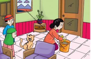 Gambar (2) Pembantu rumah tangga sedang mengepel lantai rumah.