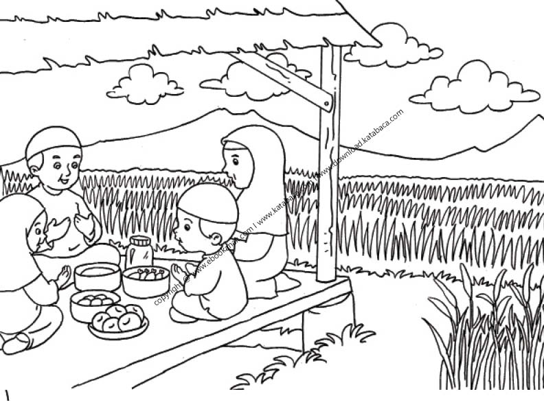  Gambar  Mewarnai  Berdoa Sebelum Makan di Saung dekat Sawah 