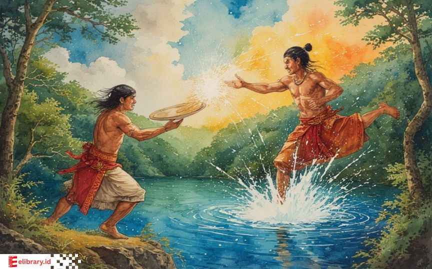 Ilustrasi legenda Danau Si Losung dan Danau Si Pinggan dari Sumatra Utara, menggambarkan pertarungan kakak beradik Datu Dalu dan Sangmaima yang melempar lesung dan pinggan hingga berubah menjadi danau.