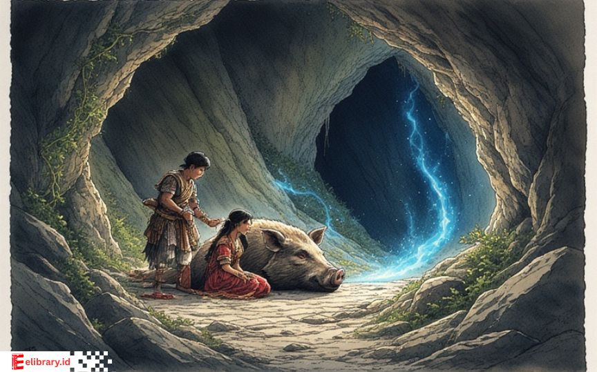 Ilustrasi Sangmaima yang menemukan seorang wanita cantik terluka di dalam gua, yang ternyata jelmaan babi hutan dalam legenda Danau Si Losung & Si Pinggan dari Sumatra Utara.