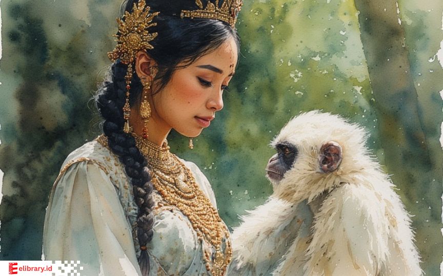 Ilustrasi legenda Sumatera Barat tentang Puti Juilan yang berubah menjadi siamang putih pada hari pernikahannya.