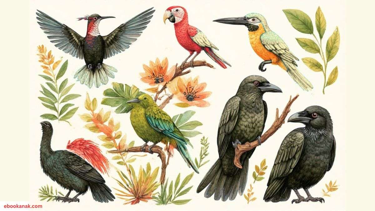 Ilustrasi edukatif burung dari seluruh dunia: kolibri mungil, burung unta, kakaktua cerdas, gagak, dan cenderawasih Papua dengan warna bulu indah.