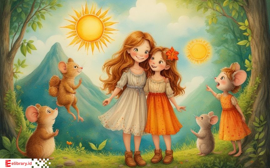 Mimi dan Mini bertemu tokoh alam seperti Matahari, Awan, Gunung, dan Tikus saat mencari ibu baru, dengan suasana magis dan hangat ala cerita anak-anak.