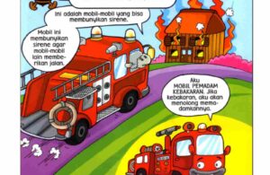 Gambar mobil pemadam kebakaran bersirene membantu memadamkan kebakaran di rumah, ilustrasi edukatif dari seri anak cerdas alat transportasi karya Kak Nurul Ihsan di ebookanak.com.