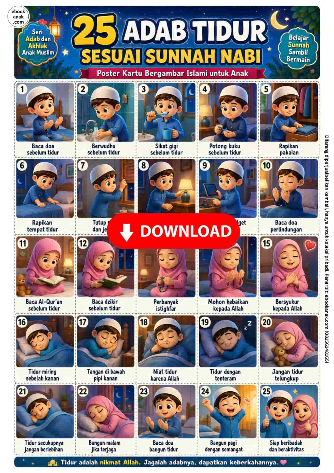 Poster Kartu Gambar 25 Adab Tidur Sesuai Sunnah Nabi (1)