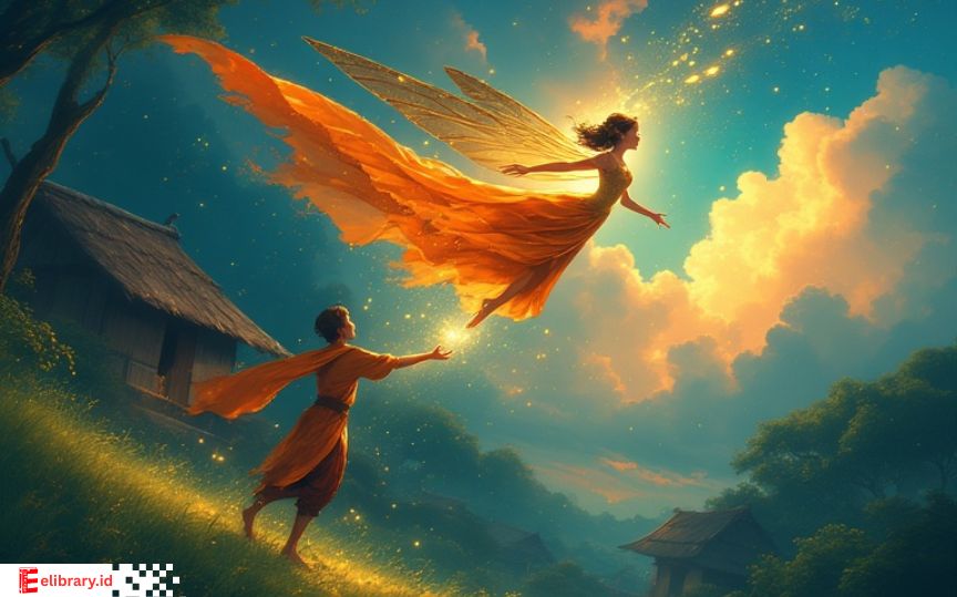 Putri Mambang Linau melayang ke langit saat menari, sementara Bujang Enok terlihat sedih di bawahnya. Latar rumah tradisional Riau dan langit senja berwarna pastel.