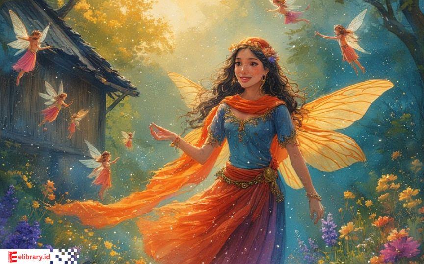 Putri Mambang Linau, bidadari cantik dari legenda Riau, terlihat di rumah Bujang Enok. Latar cerita magis ini menghidupkan dongeng Nusantara untuk anak-anak. Ilustrasi Putri Mambang Linau, bidadari cantik berselendang jingga, berdiri di rumah tradisional Riau dengan latar tujuh bidadari lainnya.