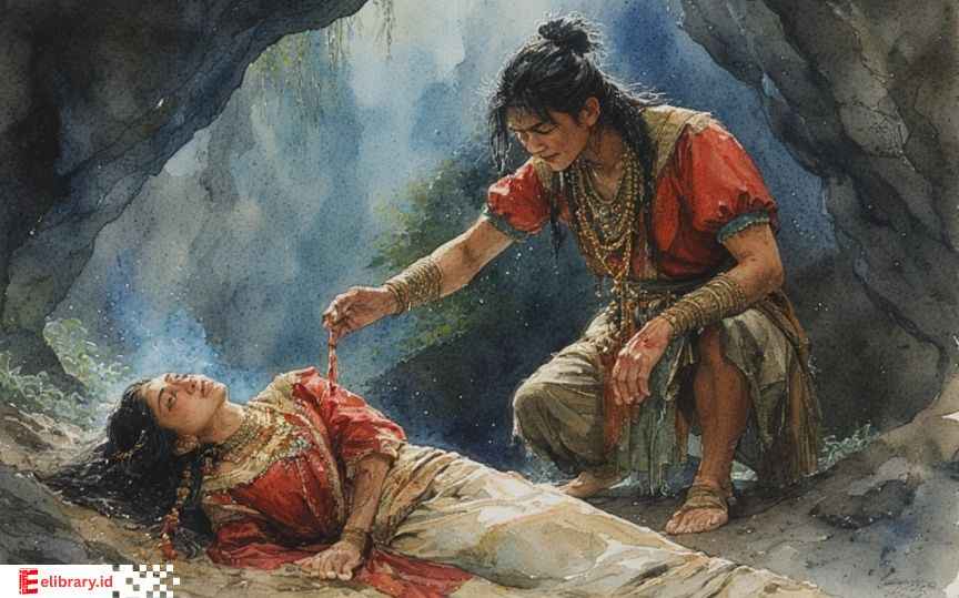 Gambar legenda Sumatra Utara yang menggambarkan Sangmaima menolong wanita jelmaan babi hutan di dalam gua dengan ilmu pengobatannya.