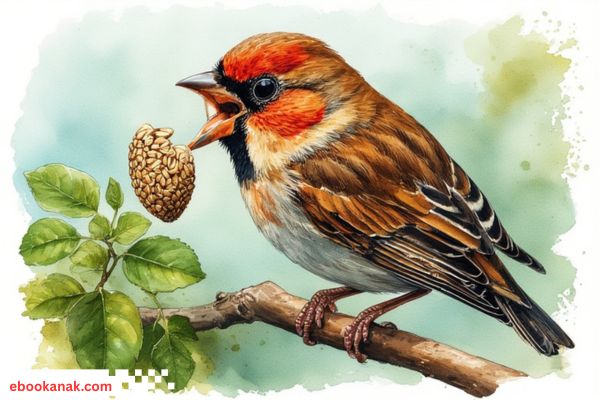 Burung pipit dengan paruh pendek, tebal, dan kuat sedang memecah biji kecil di ranting pohon – ilustrasi adaptasi paruh burung pemakan biji.