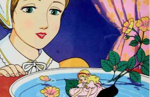 Thumbelina Tidur di Atas Cangkang Kenari Berselimut Kelopak Mawar