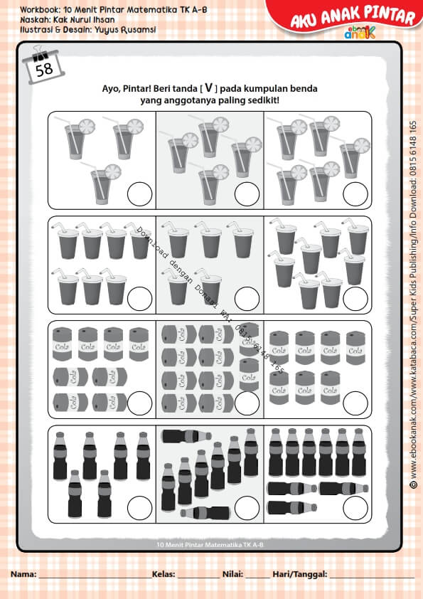 Workbook 10 Menit Pintar Matematika TK A-B, Menandai Gambar Paling Sedikit (61)