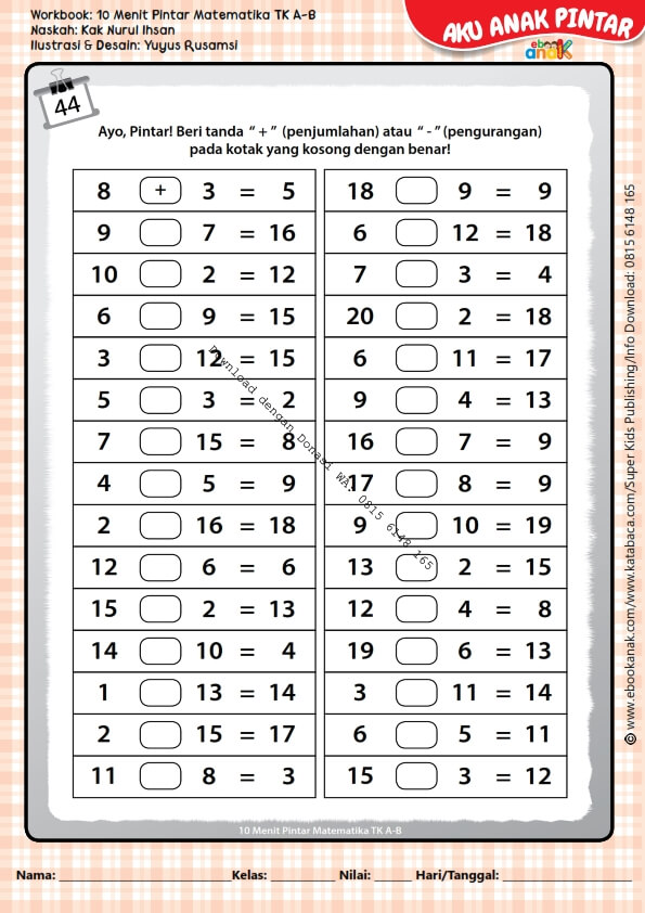 Workbook 10 Menit Pintar Matematika Tk A B Penjumlahan Dan Pengurangan 47 Ebook Anak