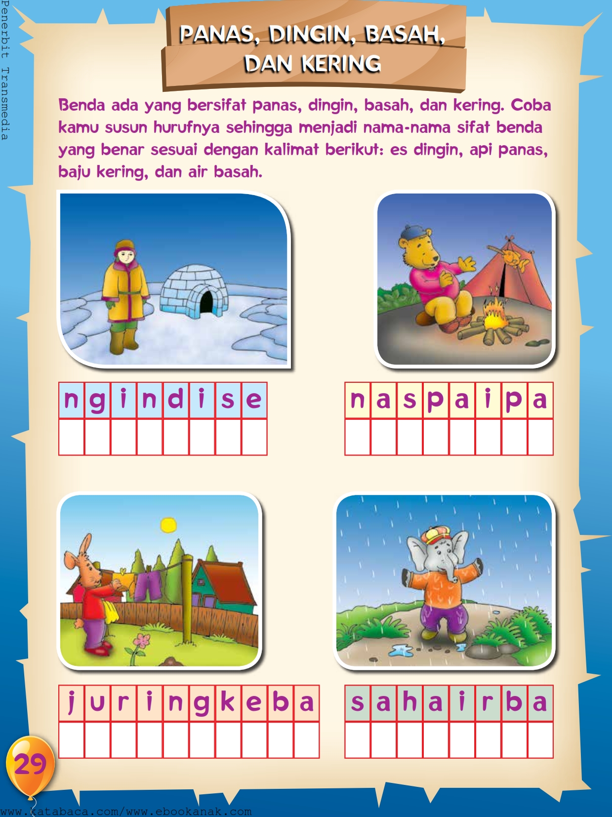 baca buku online, buku aktivitas anak jenius TK A B_032 mengenal benda panas, dingin, basah, dan kering